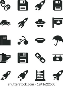 Solid Black Vector Icon Set - floppy disk vector, spectacles, hat with glasses, camera roll, tricycle, child shoes, abacus, umbrella, plate, modern gas station, retro car, vintage sign, rocket