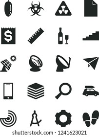 Solid Black Vector Icon Set - yardstick vector, clean sheet of paper, smartphone, pile, date fruit, big solar panel, satellite dish, financial item, settings, nuclear, zoom, biohazard, radar, plane