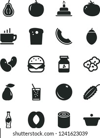 Solid Black Vector Icon Set - birthday cake vector, coffee, Easter, tin, big burger, tomato, popcorn, a glass of soda, bottle, jar jam, orange, pear, slice melon, half peach, tamarillo, part guava