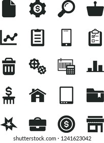 Solid Black Vector Icon Set - house vector, graph, folder bookmark, gears, calculation, smartphone, survey, shopping basket, portfolio, chart, tablet pc, trash bin, magnifier, file, clipboard, bang