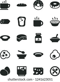 Solid Black Vector Icon Set - deep plate with a spoon vector, coffee, sausage, piece of cheese, eggs, loaf, cake hole, glazed, bowl buckwheat porridge, in saucepan, milk, cup tea, glass, fried egg