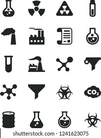 Solid Black Vector Icon Set - round flask vector, manufacture, factory, barrel, industrial building, carbon dyoxide, filter, water, research article, test tube, molecule, nuclear, biohazard