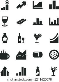 Solid Black Vector Icon Set - growth up vector, bar chart, line, pizza, cup of tea, cocktail, glass, bottle, liquor, pipe, graph, arrows, gold, dollar pedestal, wine