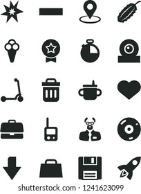 Solid Black Vector Icon Set - heart symbol vector, downward direction, minus, mug for feeding, toy phone, child Kick scooter, timer, cone, cucumber, geolocation, briefcase, hand bag, web camera, cd