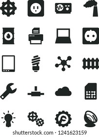 Solid Black Vector Icon Set - repair key vector, gears, saving light bulb, power socket type b, star gear, new radiator, manufacture, oil, SIM, tablet pc, notebook, printer, connect, cloud, molecule