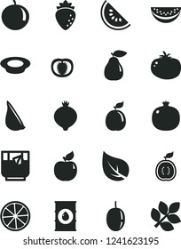 Solid Black Vector Icon Set - a plate of milk vector, tomato, garlic, glass tea, pomegranate, pear, apricot, raspberry, medlar, slice water melon, tangerine, passion fruit, lemon, guava, half guawa