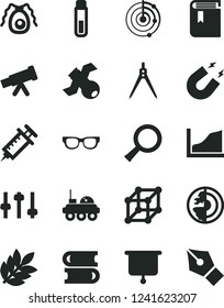Solid Black Vector Icon Set - book vector, books, test tube, telescope, glasses, zoom, settings, satellite, bactery, magnet, drawing compass, growth graph, radar, earth core, lunar rover, biology