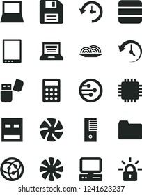 Solid Black Vector Icon Set - floppy disk vector, laptop, folder, onion, calculator, computer, tablet pc, notebook, fan, tower, cpu, usb, flash, network, big data, history, encrypting