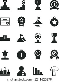 Solid Black Vector Icon Set - positive histogram vector, pedestal, winner podium, award, cup, gold, star reward, man with medal, motivation, mountain flag, first place, pennant, ribbon, certificate