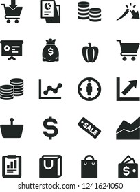 Solid Black Vector Icon Set - line chart vector, graph, growth, cart, put in, bag with handles, coins, Bell pepper, shopping basket, goal woman, a crisis, statistical report, dollars, research