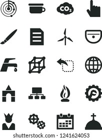 Solid Black Vector Icon Set - tassel vector, calendar, children's potty, box of bricks, gears, sink, star gear, faucet mixer, index finger, earth, move left, windmill, carbon dyoxide, scheme, file