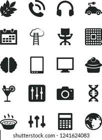 Solid Black Vector Icon Set - monitor vector, calendar, camera, calculator, regulator, phone call, muffin, porridge in a saucepan, cocktail, electric car, processor, tablet pc, headphones, chair