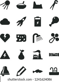 Solid Black Vector Icon Set - danger of electricity vector, bell, baby rattle, potty chair, adjustable wrench, shower, building level, broken heart, artificial satellite, piece cheese, chicken leg