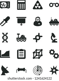 Solid Black Vector Icon Set - microscope vector, glasses, nuclear, dna, gears, pipette, oscilloscope, scientist, clipboard, calculator, growth graph, radar, satellite antenna, lunar rover, 3d cube