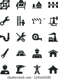 Solid Black Vector Icon Set - builder vector, workman, concrete mixer, small tools, cordless drill, arm saw, measuring tape, sewerage, ceramic tiles, paving slab, road fence, home, factory, repair