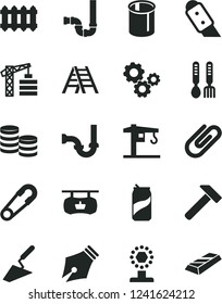Solid Black Vector Icon Set - safety pin vector, iron fork spoons, crane, tower, trowel, ladder, siphon, sewerage, knife, new radiator, hammer, clip, soda can, pipes, antique advertising signboard