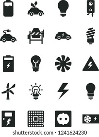 Solid Black Vector Icon Set - lightning vector, danger of electricity, matte light bulb, concrete mixer, saving, dangers, boiler, charge level, charging battery, wind energy, power socket, processor