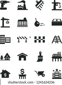 Solid Black Vector Icon Set - building trolley vector, cordless drill, wooden paint brush, ladder, city block, ceramic tiles, spatula, road fence, core, home, factory, hydroelectricity, tower crane