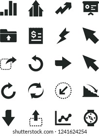 Solid Black Vector Icon Set - downward direction vector, right, growth up, renewal, clockwise, counterclockwise, graph, upload folder, lightning, left bottom arrow, move, bar chart, recession