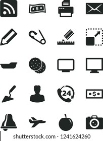 Solid Black Vector Icon Set - bell vector, monitor, envelope, rss feed, open pin, bath, building trowel, drawing, 24, expand picture, biscuit, tasty plum, woman, pencil, printer, dollar, camera