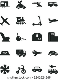 Solid Black Vector Icon Set - car child seat vector, motor vehicle, baby toy train, bicycle, Kick scooter, core, cardboard box, marine propeller, modern gas station, electric, Express delivery, bus