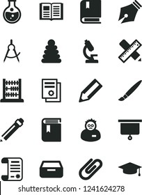 Solid Black Vector Icon Set - tassel vector, graphite pencil, book, stacking rings, e, abacus, writing accessories, drawer, clip, round flask, scribed compasses, research article, microscope