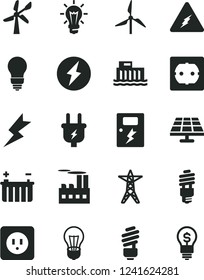 Solid Black Vector Icon Set - saving light bulb vector, power socket type b, f, lightning, dangers, solar panel, windmill, wind energy, battery, hydroelectric station, line, plug, electricity, idea