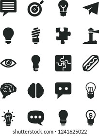 Solid Black Vector Icon Set - image of thought vector, matte light bulb, paper airplane, Puzzle, Puzzles, saving, eye, Hot Dog, coastal lighthouse, think, speech, brain, target, idea