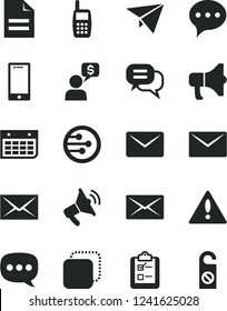 Solid Black Vector Icon Set - warning vector, envelope, scribbled paper, speech, smartphone, survey, megaphone, copy, wall calendar, mobile phone, network, mail, dialog, plane, money, loudspeaker