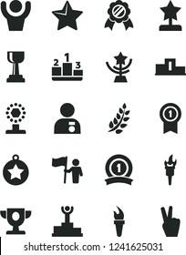 Solid Black Vector Icon Set - star vector, pedestal, flame torch, laurel branch, winner podium, prize, cup, gold, reward, man with medal, hold flag, pennant, ribbon, hands up, victory hand