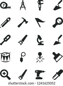 Solid Black Vector Icon Set - graphite pencil vector, zoom, wind direction indicator, electronic thermometer e, drum, trowel, building, drill, hand saw, arm, long meashuring tape, plummet, mercury