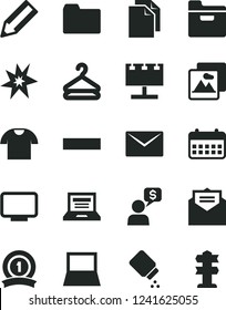 Solid Black Vector Icon Set - laptop vector, clean paper, folder, minus, baby powder, envelope, received letter, picture, T shirt, hanger, billboard with illumination, pencil, calendar, notebook pc