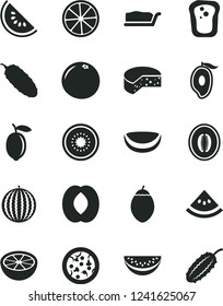 Solid Black Vector Icon Set - cheese vector, pizza, cake slice, cucumber, sandwich, water melon, of, half mango, peach, lemon, kiwi, tamarillo, piece coconut, grapefruit