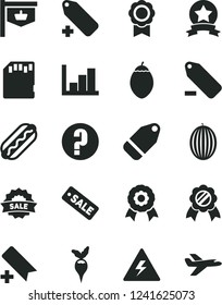 Solid Black Vector Icon Set - danger of electricity vector, add bookmark, label, remove, negative histogram, question, Hot Dog, melon, tamarillo, radish, vintage sign, season sale, sd card, medal