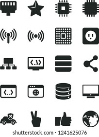 Solid Black Vector Icon Set - power socket type b vector, star, thumb up, screen, big data, autopilot, processor, connection, scheme, cpu, browser, coding, lan connector, wireless, victory hand
