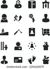 Solid Black Vector Icon Set - cargo trolley vector, footprints, employee, pass card, operator, folded shirt, racer, welding, woman, man, scientist, arrow up, carrer stairway, hold world, with ladder