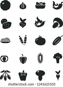 Solid Black Vector Icon Set - fried vegetables on sticks vector, onion, mushroom, porcini, lettuce in a plate, cabbage, tomato, chili, peper, goji berry, sweet date fruit, half, ripe pepper, hot