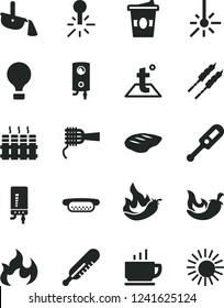 Solid Black Vector Icon Set - electronic thermometer vector e, mercury, temperature, radiator, boiler, coffee, mini hot dog, noodles, chop, barbecue, chili, coffe to go, pepper, outdoor, flame, sun