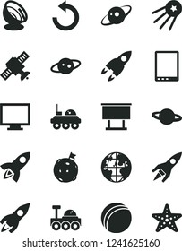 Solid Black Vector Icon Set - monitor vector, counterclockwise, bath ball, planet, billboard, rocket, tablet pc, satellite, antenna, saturn, lunar rover, flag on moon, first, starfish