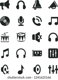 Solid Black Vector Icon Set - bell vector, desktop microphone, horn, loudspeaker, silent mode, drumroll, drum, headphones, music, CD, regulator, no sound, phone call, megaphone, pc card, note