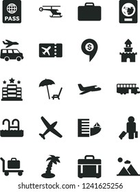 Solid Black Vector Icon Set - case vector, passport, sand castle, helicopter, dollar pin, plane, bus, passenger, suitcase, ticket, hotel, arnchair under umbrella, palm tree, pool, baggage, transfer