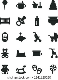 Solid Black Vector Icon Set - baby cot vector, dummy, mug for feeding, bottle, diaper, stroller, summer, sitting, stacking rings, roly poly doll, toy sand set, children's potty, chair, teddy bear