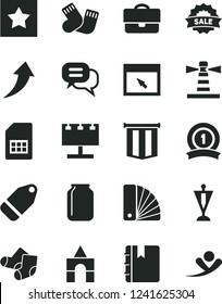 Solid Black Vector Icon Set - warm socks vector, Knitted, box of bricks, color samples, notebook, label, SIM card, jar, lighthouse, billboard with illumination, portfolio, sale, browser, pennant