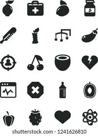 Solid Black Vector Icon Set - heart symbol vector, mark of injury, first aid kit, toys over the cot, measuring bottle for feeding, mercury thermometer, broken, cardiogram, jar jam, cherry, quince