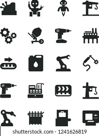 Solid Black Vector Icon Set - crane vector, concrete mixer, cordless drill, industrial enterprise, conveyor, production, canister of oil, cloth industry, tower, gas welding, robot welder, assembly