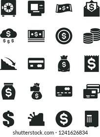 Solid Black Vector Icon Set - dollar vector, strongbox, cards, coins, reverse side of a bank card, front the, recession, financial item, money, dollars, cash, cashbox, bag hand, rain, coin, mail