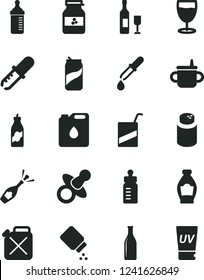 Solid Black Vector Icon Set - dummy vector, mug for feeding, bottle, measuring, powder, baby, e, glass, soda can, jar of jam, liquor, canister, oil, pipette, wine, champagne, uv cream