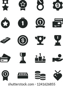 Solid Black Vector Icon Set - brick vector, cards, pedestal, coins, catch a coin, prize, award, gold cup, star medal, first place, with pennant, ribbon, hero, ring, bar, dollar, gear, credit card