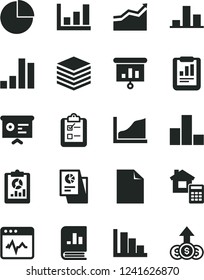 Solid Black Vector Icon Set - clean sheet of paper vector, pie chart, bar, positive histogram, estimate, cardiogram, pile, survey, statistical report, overview, book on statistics, research, arrow