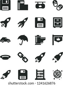 Solid Black Vector Icon Set - floppy disk vector, spectacles, camera roll, bedside table, child shoes, abacus, umbrella, plate, modern gas station, retro car, vintage sign, rocket, space, disco ball